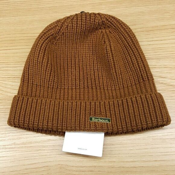BARBOUR Mens Beanie Hat Brown Ribbed Cuff Logo MOSELY Cinnamon - Picture 1 of 5